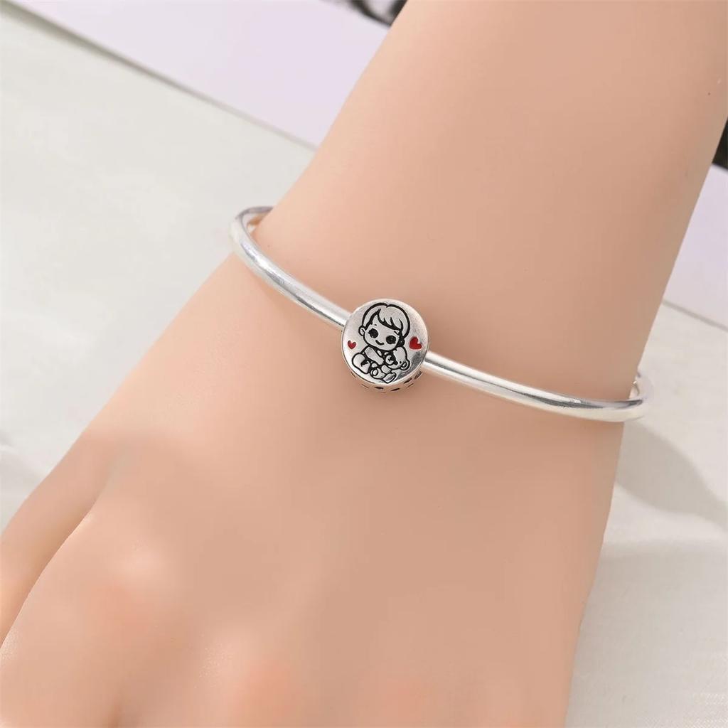 Pendants Woman New Original Copper Beads Girl Boy Holding Roses Bear Lovely Child Fit Bracelet Accessory Gift Set Jewelry