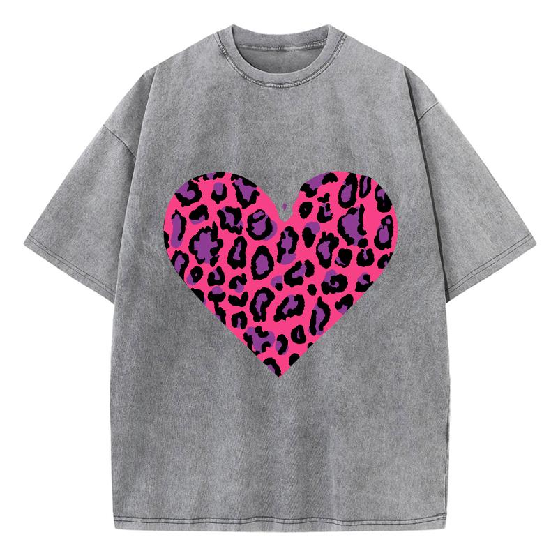 Pink Leopard Heart Prints Washed TShirt Women Cotton T Shirts ONeck Comfortable Distressed Tops Summer Casual Woman Clothes