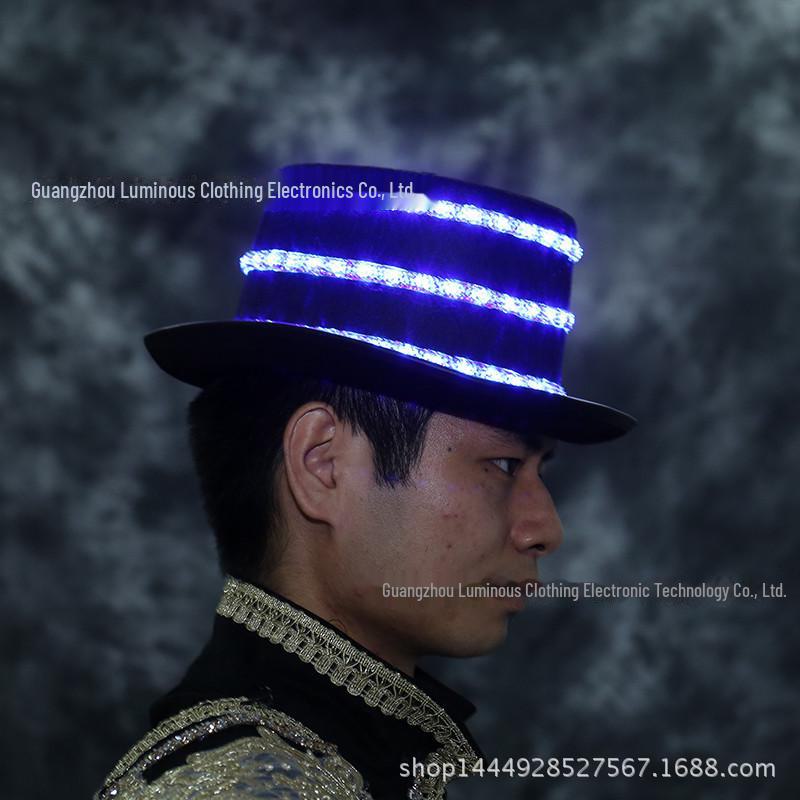 LED Jazz Hat with Diamonds: High-Brightness White Light Top Hat for Dance Parties, KTV, and Bars, Battery Operated