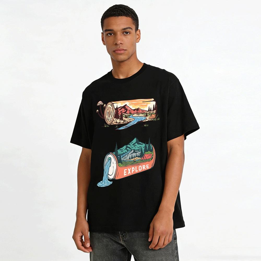 Explore Mountain Stream Outdoor Graphic Casual T-Shirt Pure cotton T-shirt