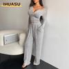 Women's Fashion Casual Solid Color Print Long Sleeve V Neck Pants Suits