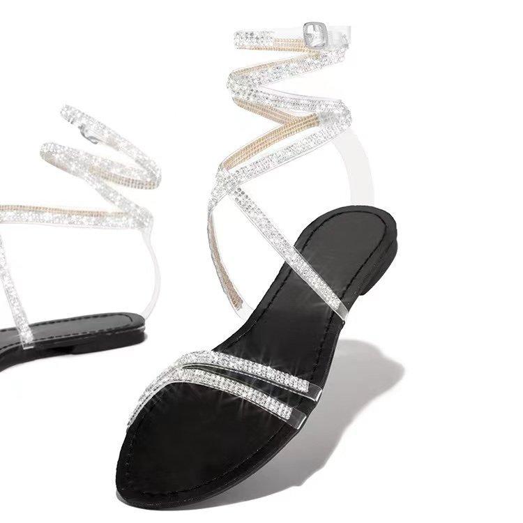2021 summer European and American foreign trade rhinestone flat sandals women's winding belt women's shoes Strappy sandals