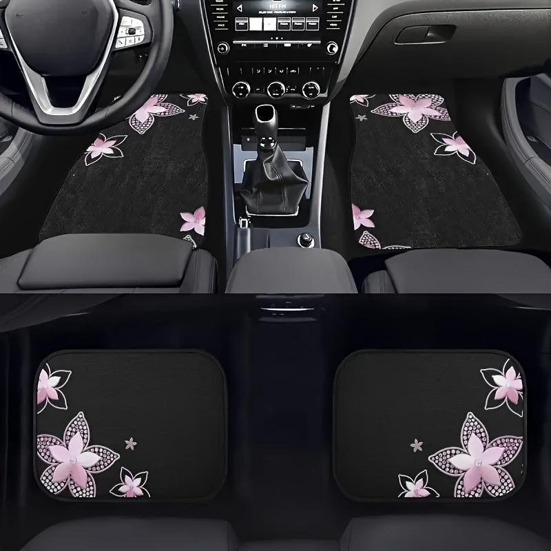 [4pcs Pink Floor Mats] 4pcs Pink Flower Pattern Print Car Floor Mats Set- Universal Fit Front& Rear Full Coverage Auto Interior