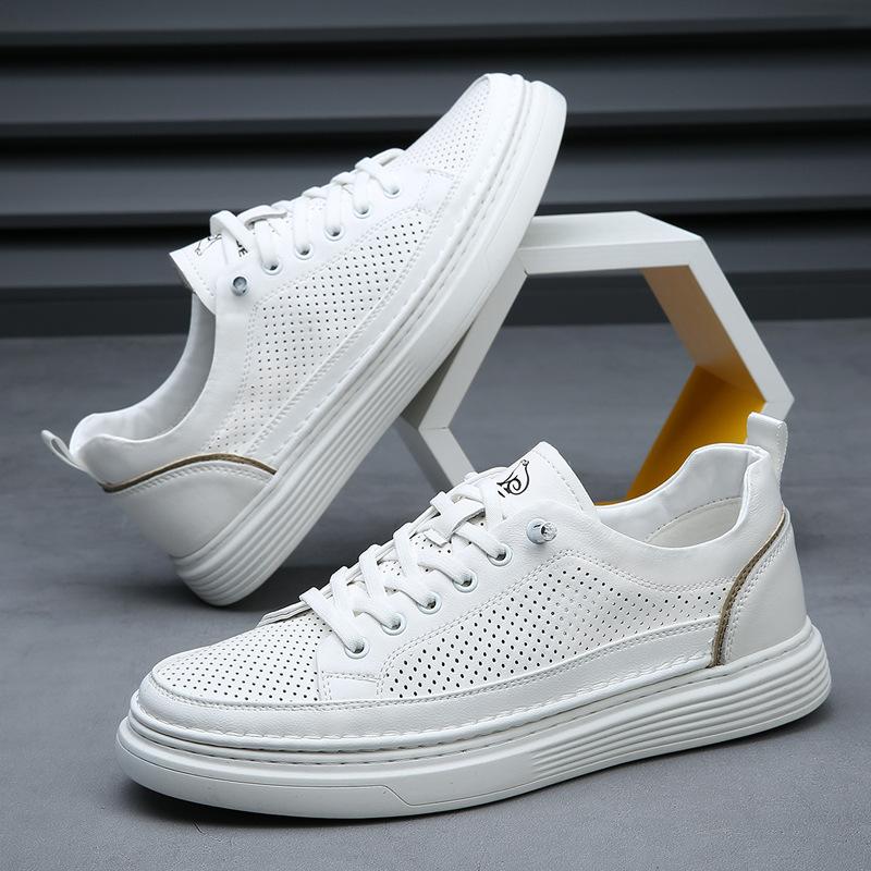 Shoes for Men Genuine Leather Casual Shoes Street Fashion Microporous White Flat Skateboard Shoes Breathable Sneaker