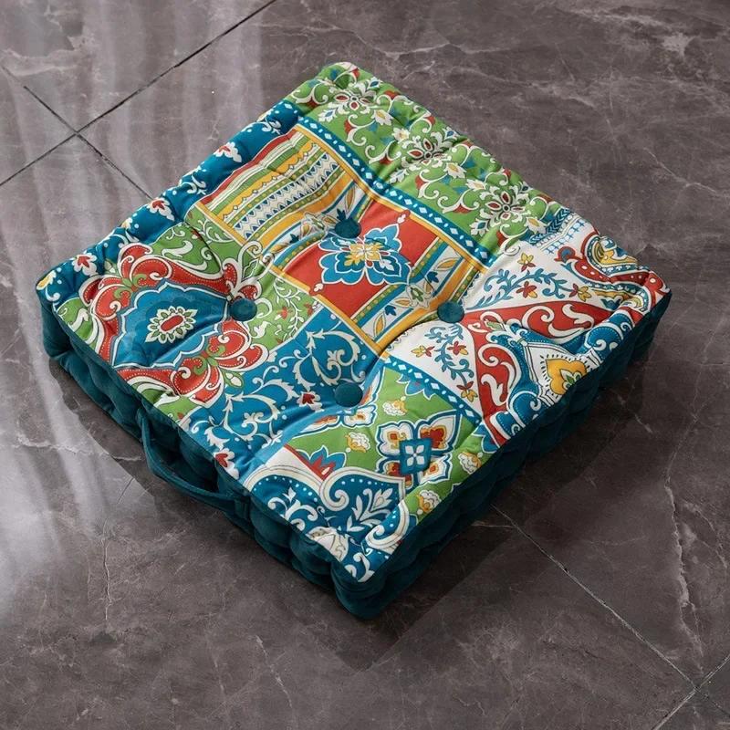 Retro Thicken Square Chair Cushion Soft Dutch Velvet Printed Butt Pad Portable with Handle Outdoor Garden Seat Cushions 40x40cm