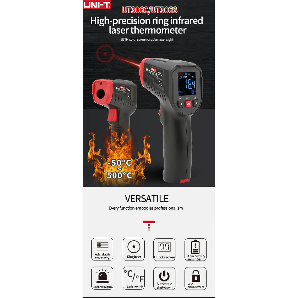 UNI-T UT306S UT306C Digital Thermometer Non Contact Household Industrial Infrared Laser Temperature Tester Meter Gun -50℃-500℃