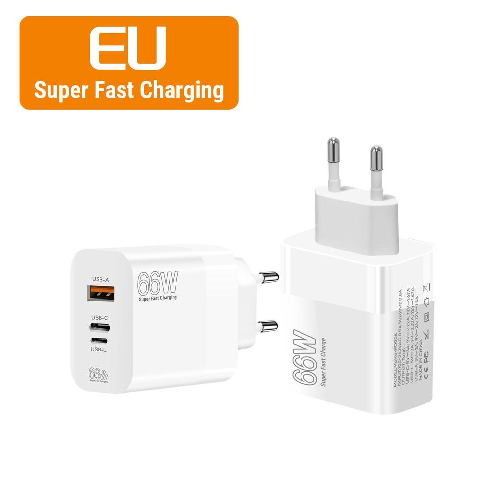 66W Ultra-Fast Charging Adapter with EU/US/UK Plug for Apple, Huawei, Xiaomi Phones