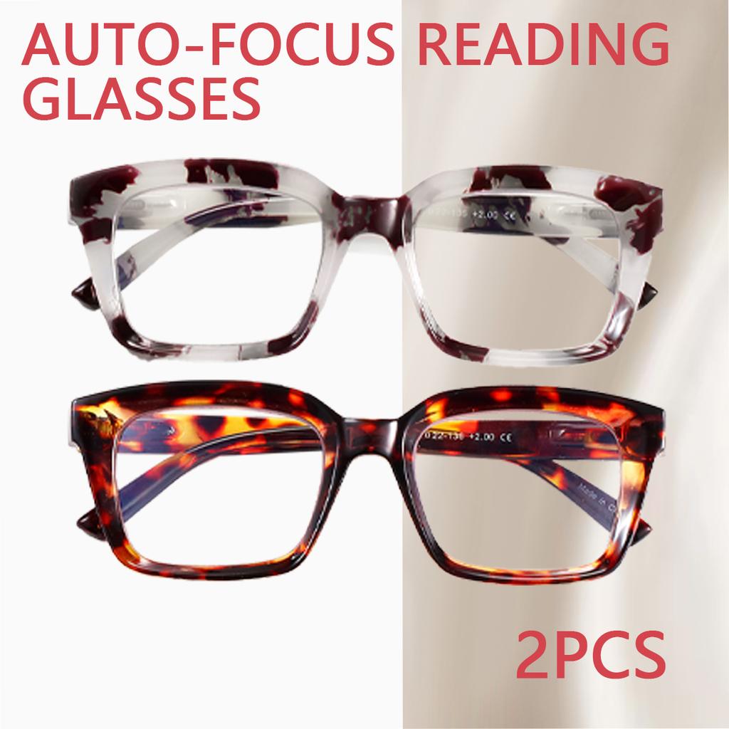 2PCS Auto-Focus Reading Glasses with Blue Light Blocking – Tortoiseshell & Leopard Print Frames Unisex High-Quality Lenses