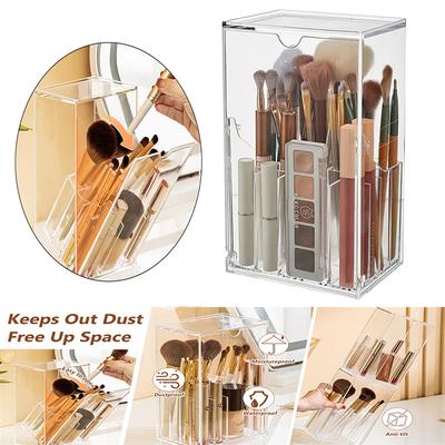 Makeup Brush Holder Organizer Clear Desk Comestic Tools  Organizer with 17 Slots Tilt Open Dustproof Makeup Brushes Storage Box