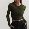 Y24TP472 T-shirt Sexy da Donna in Rete Pieghettata a Manica Lunga - Colore Unito, Moda Autunnale Europea e Americana