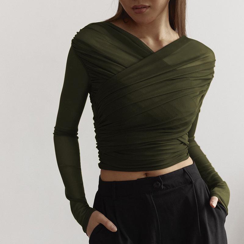 Y24TP472 T-shirt Sexy da Donna in Rete Pieghettata a Manica Lunga - Colore Unito, Moda Autunnale Europea e Americana
