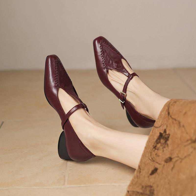 

Krazing Pot Genuine Leather Square Toe Low Heels Summer Shoes Big Size 42 Buckle Straps Women Shallow Pumps 42 винний