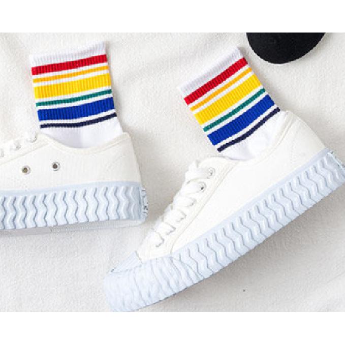

Rainbow socks for outer wear paired with shark pants, trendy sports style with chunky sneakers, women s mid-calf socks, trendy for summer белый
