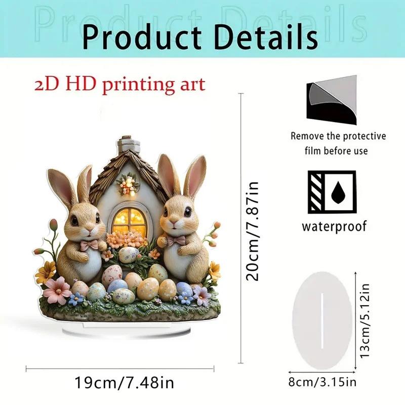 Easter Bunny Ornament Flat Acrylic Ornament Rabbit House Single Desktop Home Office Garden Ornament Yard Decoration Gift