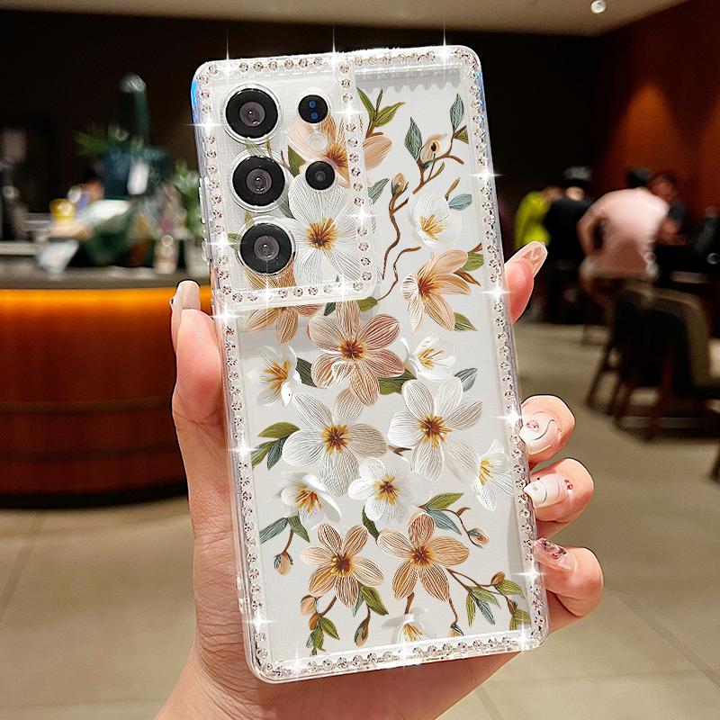 

Чехол с винтажным цветочным узором и бриллиантами для Samsung Galaxy S25 Ultra S24 Plus S22 S23 S21 FE A14 A15 A16 A25 A26 A34 A35 A36 A54 A55 A56 5G Capa Funda Samsung S26 прозрачный