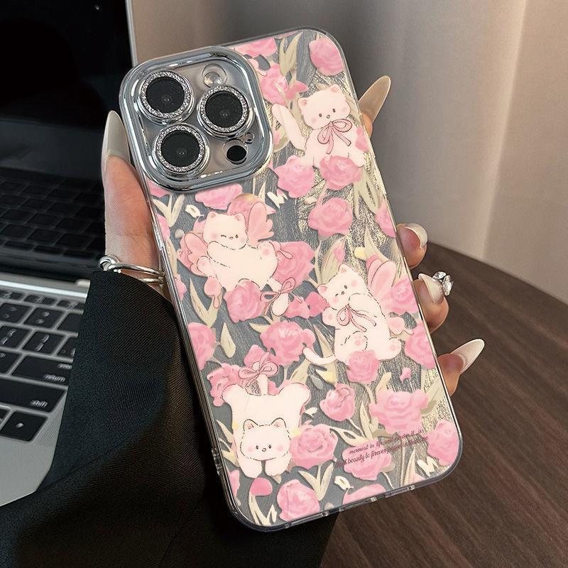 

Pink Floral Cat Feather Yarn Phone Case with Lens Film for Apple 17 Pro Max, 16, 17 Air, 14, 13. Apple 15