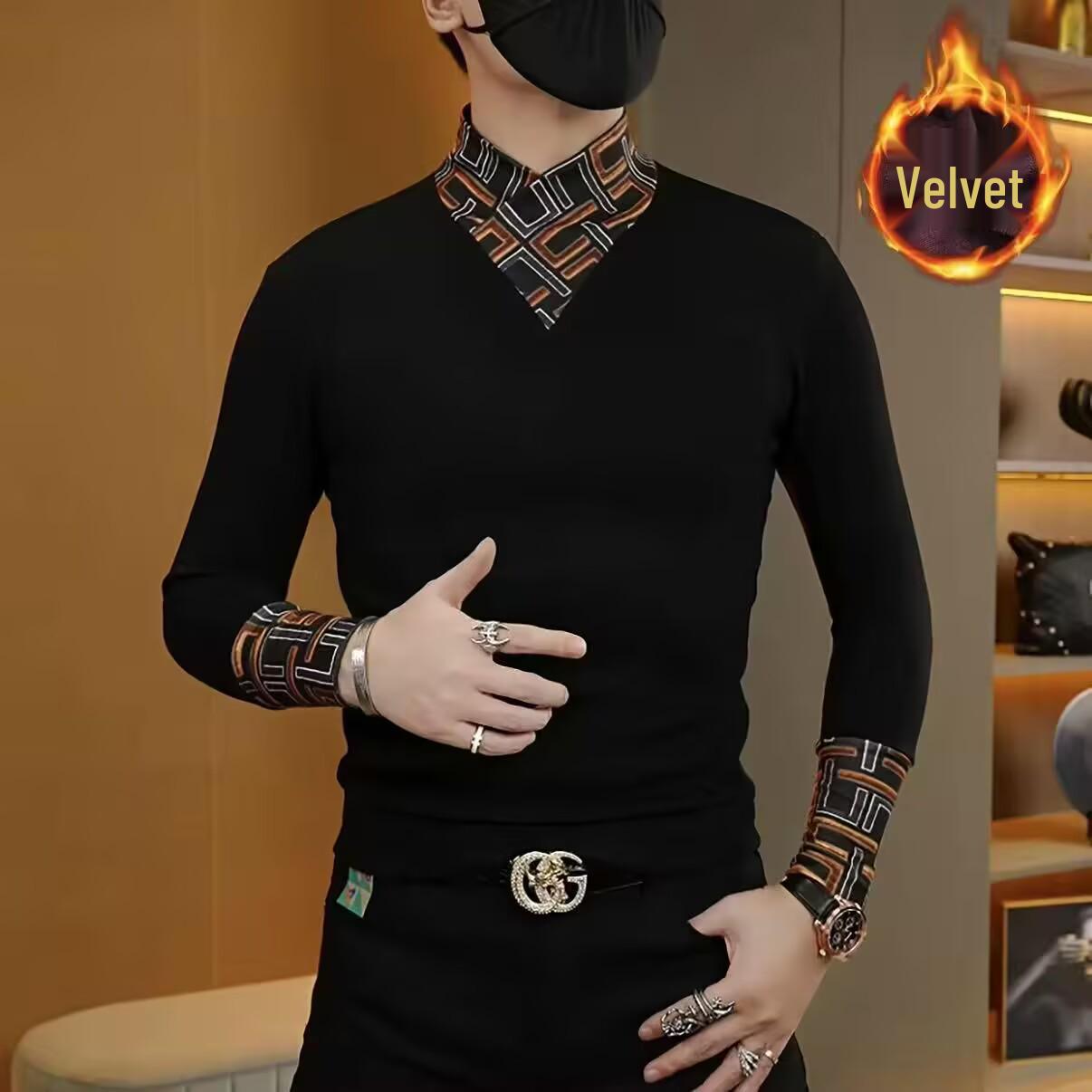 

Men s European Style Plus Velvet Layered Hoodie - Luxurious, Warm, and Trendy Embroidered T-shirt Base Layer. 5XL (195-210 cm)