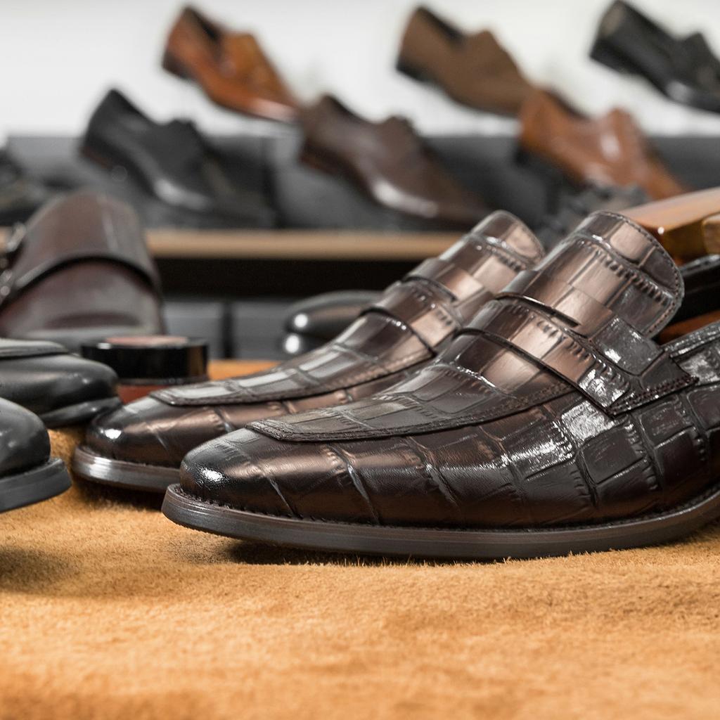 Square head leather shoes men's business casual cowhide men's shoes crocodile pattern