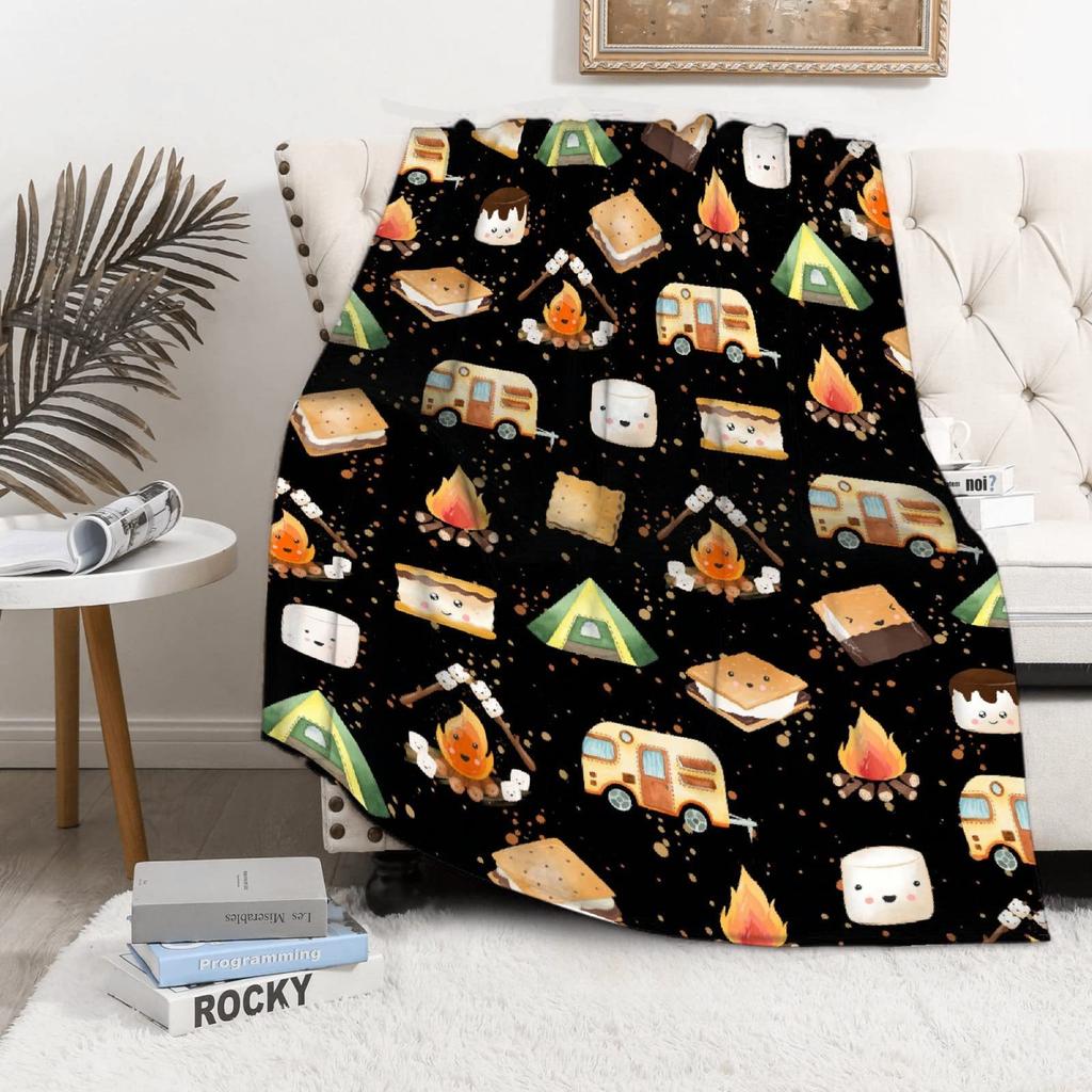 Cute Campervan Campfire Blanket Cartoon Food Digital Printed Flannel Blanket Rv Decorative Blanket