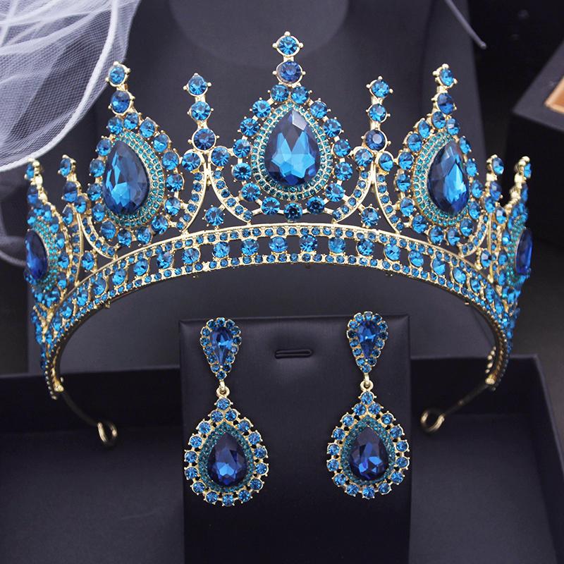Baroque Headdress Royal Queen Bridal Crown Sets Purple Champagne Tiaras Earrings Pageant Wedding Jewelry Sets Accessories