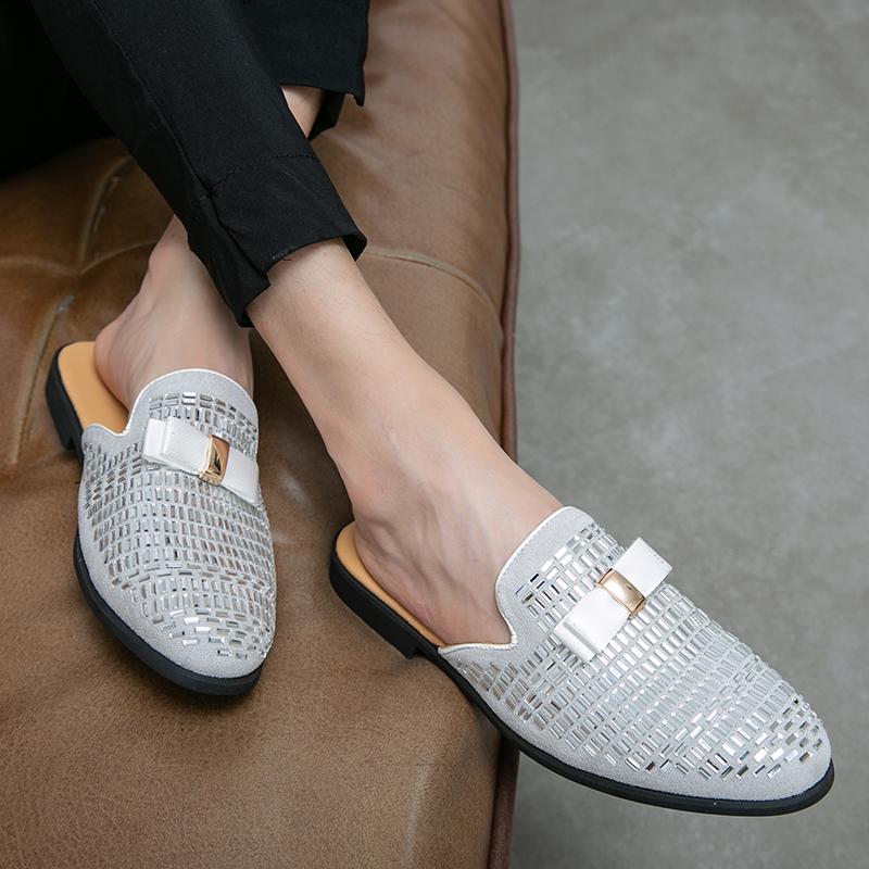 Summer Slipper Rhinestone Men's Shoes Nightclub Trendy Shoes Half Drag Loafer Men's Leather Slip on Breathable Casual Moccasins