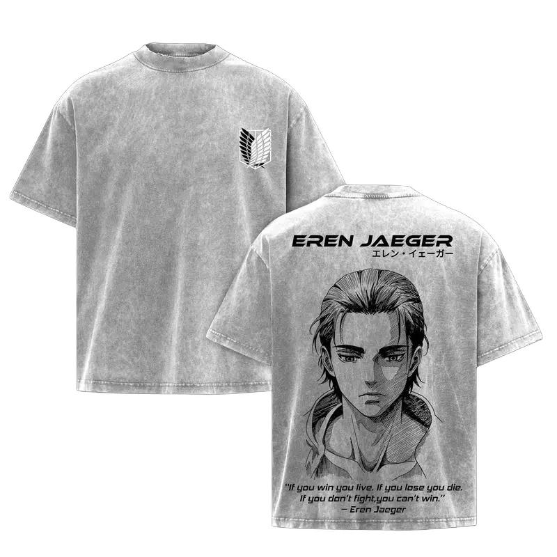 Anime Attack On Titan Eren Jaeger Printed Tee Men Short Sleeve Cotton Tshirts Vintage Washed T-shirt Harajuku Oversized T Shirt
