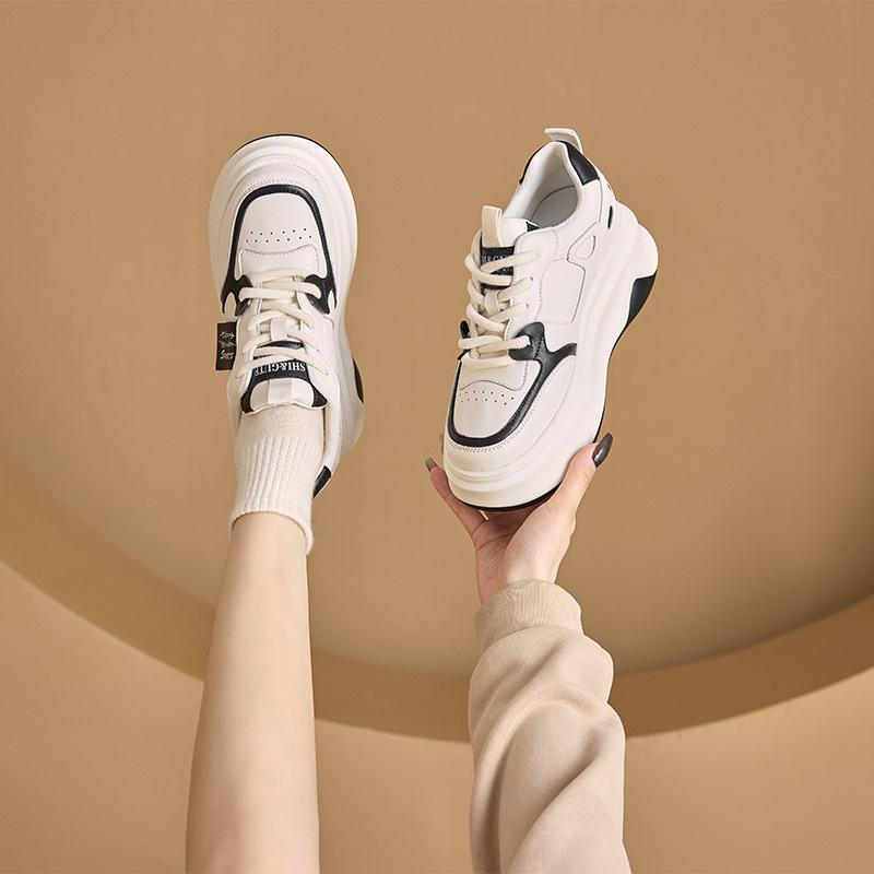 Small Size Casual Leather Shoes Women's Platform White Shoes Women's Lace Color Block Dad Shoes Height Increasing Insole Women's Shoes