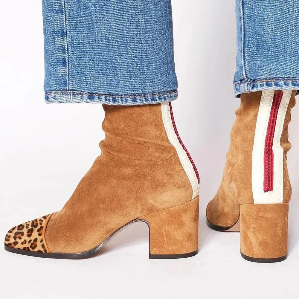 New Women's Ankle Boots,Flock Suede Short Botas,Winter Shoes,British Style,Square Toe,Back Zip,Leopard,Purple,Dropship