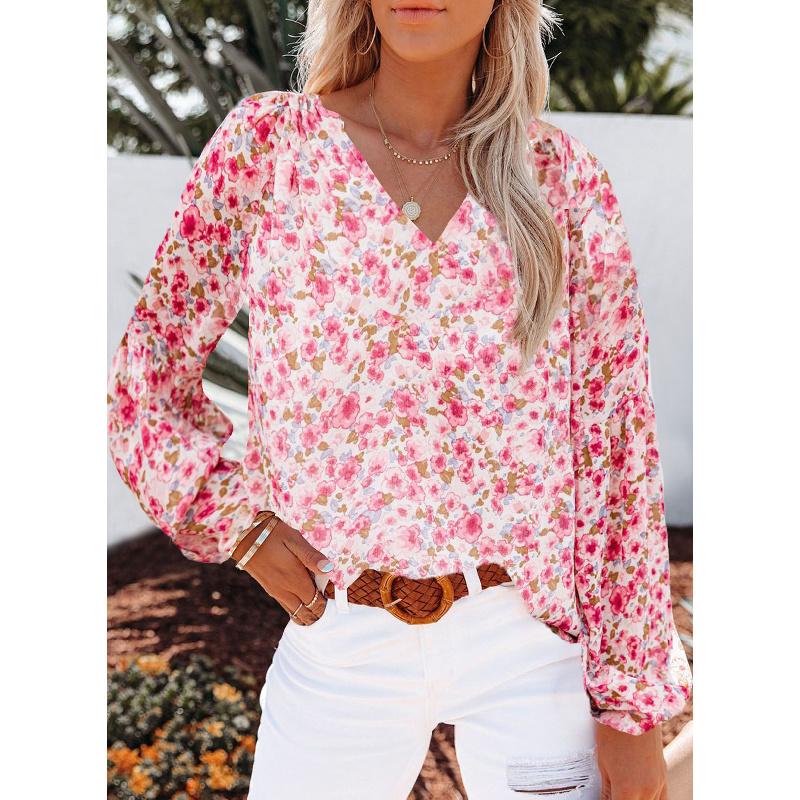2026 New Spring and Autumn Women's V-neck Chiffon Top Lantern Sleeve Floral Casual T-shirt