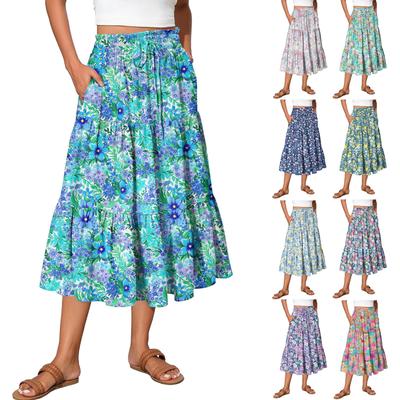 Womens Maxi Skirt Drawstring High Waisted Summer Long Skirts Lightweight Tiered Flowy Floral Pleated Skirts