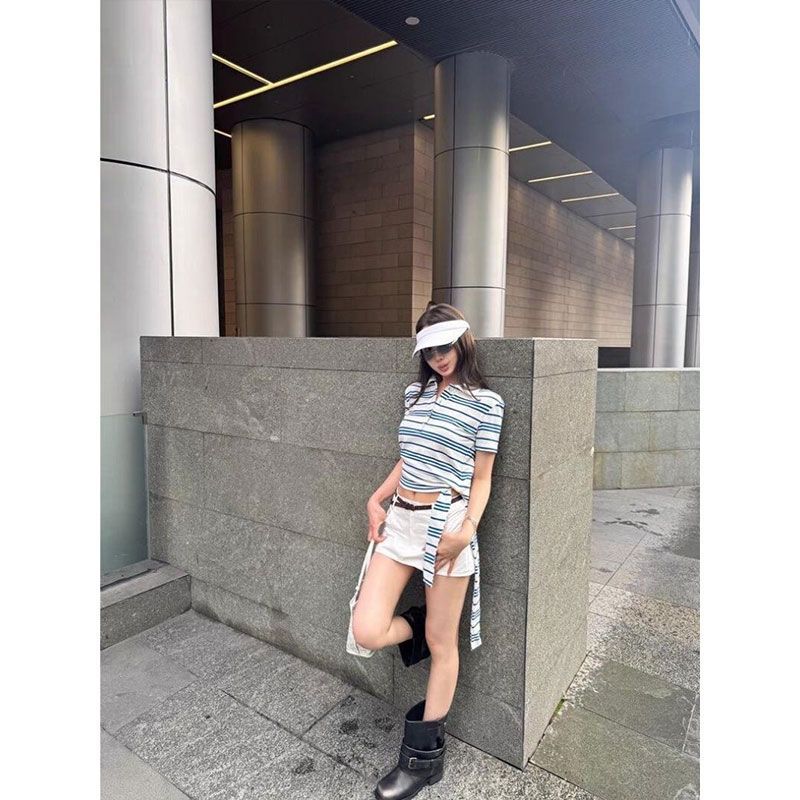 Summer New Striped T-shirt Women's Design Short Slim Waist Short-sleeved POLO Shirt Top