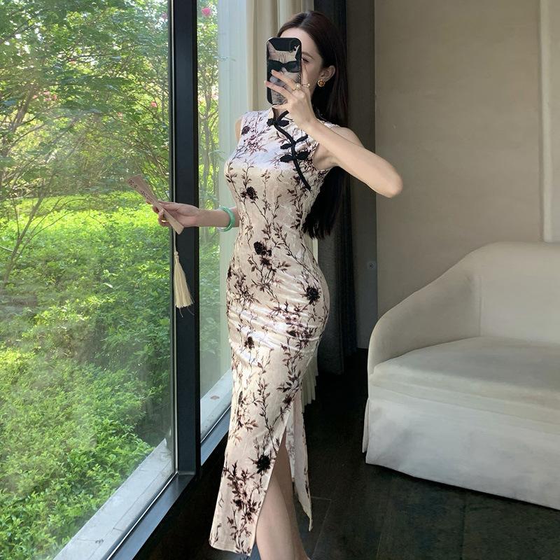 Chiffon Sexy Retro Style Sleeveless Printing Disc-buckled Cheongsam Dress Women's Summer Waist-wrapped Hip-split Mid-length Dress