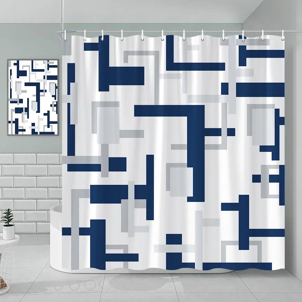 Fabric Geometric Shower Curtain, Mid-Century Modern Geometric Herringbone Chevron Blue Black Gray Square Bathroom Decoration