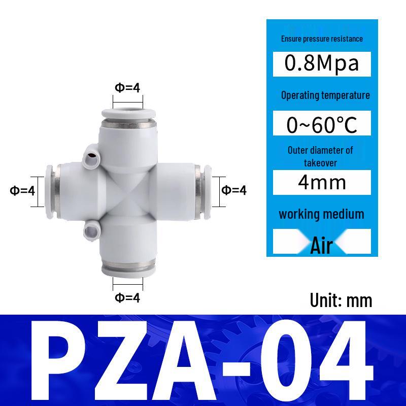 Pneumatic Nylon Air Hose Quick Connect Fittings: PU Straight, PY 5-Way, Cross 4-Way, PZA 3-Way, PE Connector with White/Blue Cap