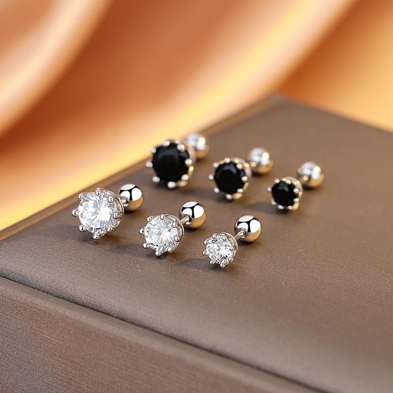 Crown Threaded Earrings Women'S Silver Temperament Simple Black Single Diamond Personalized Men'S Screw Bone Earrings