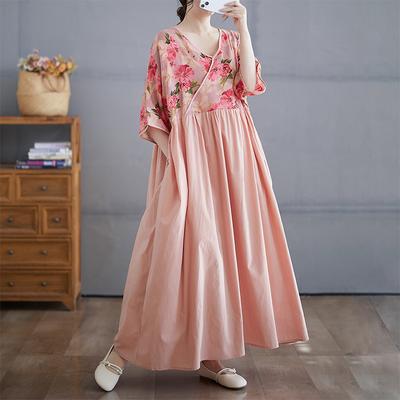 Sommer Patchwork Künstlerisch Locker Lässig Retro Stil Mittellanges V-Ausschnitt Kleid für Damen Kleider