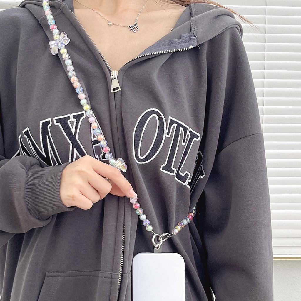 Girl color beaded mobile phone case long chain lanyard diagonal span women's new dopamine hanging chain niche