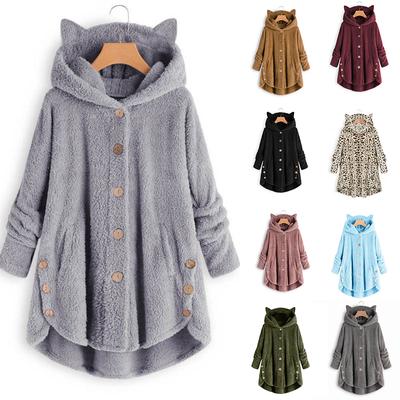 Hooded Solid Color Button Coat Women Irregular Cat Ears Plush Top