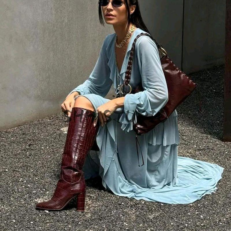 Summer New Product Women's Clothes Laminated Decoration V Neck Long Sleeves Ruffle Top + Long Midi Skirt Skirt Suit