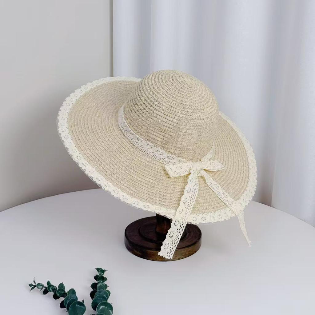 New French lace bow woven straw hat women's summer seaside large-capacity straw bag