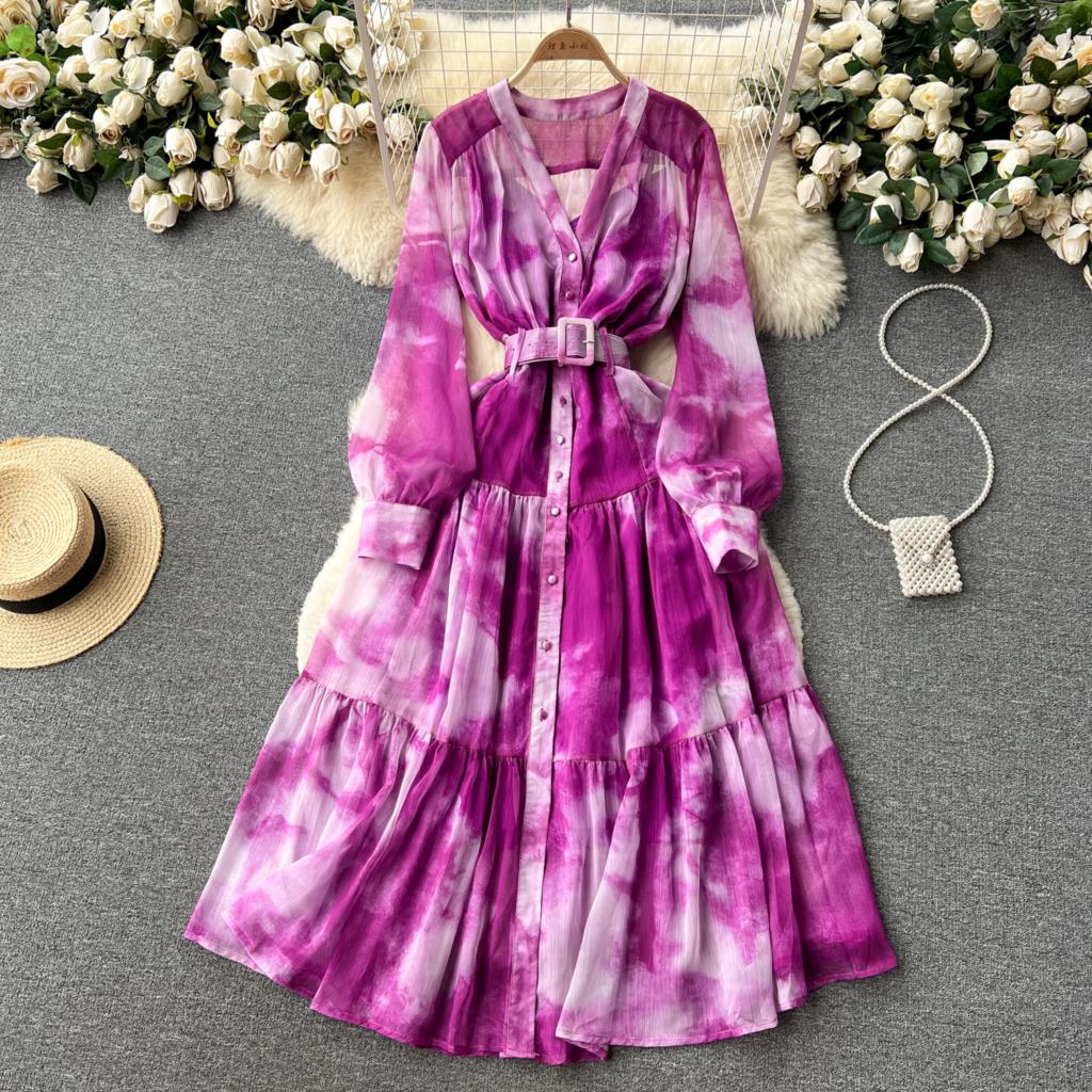 Women French Fashion Single Breasted V Neck Long Dress With Belt Summer Autumn Elegant Print A-line Robe Female Holiday Clothes