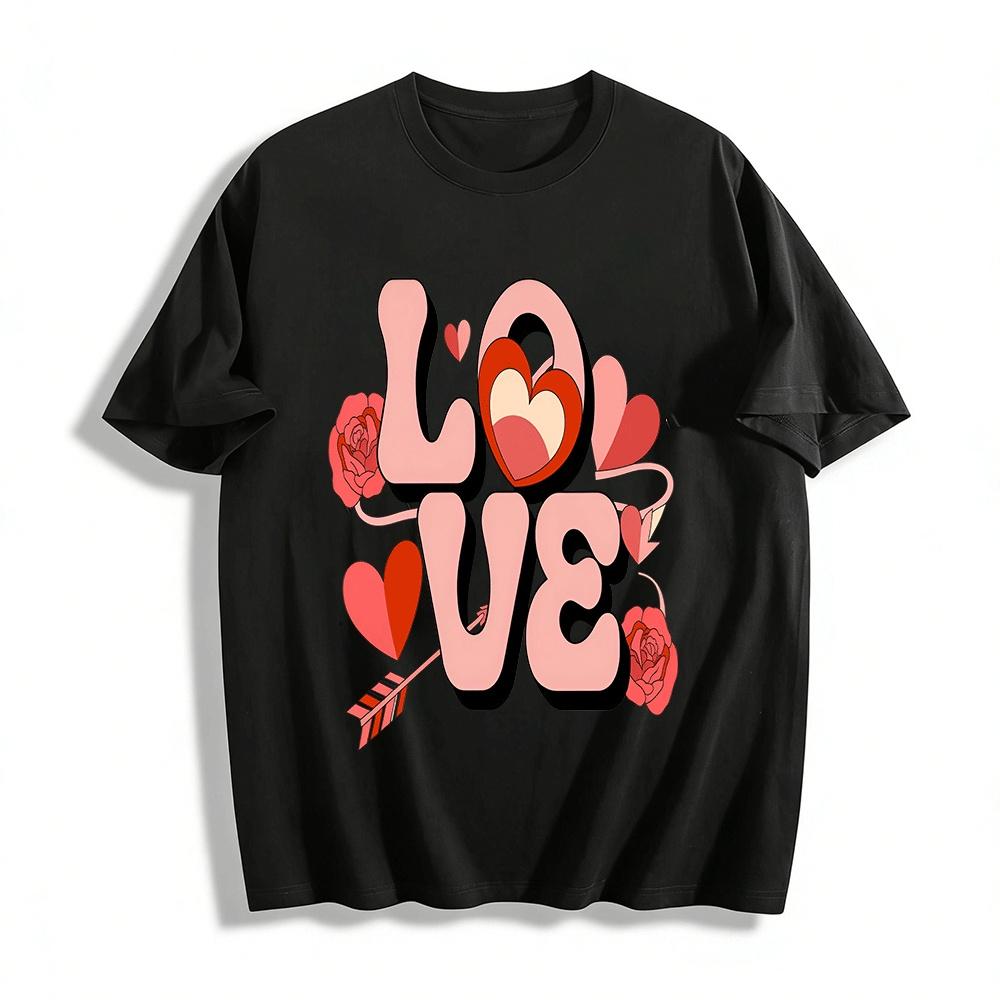

Retro Love Heart Print Couple Style Casual Crew Neck T-Shirt Pure cotton T-shirt XXS