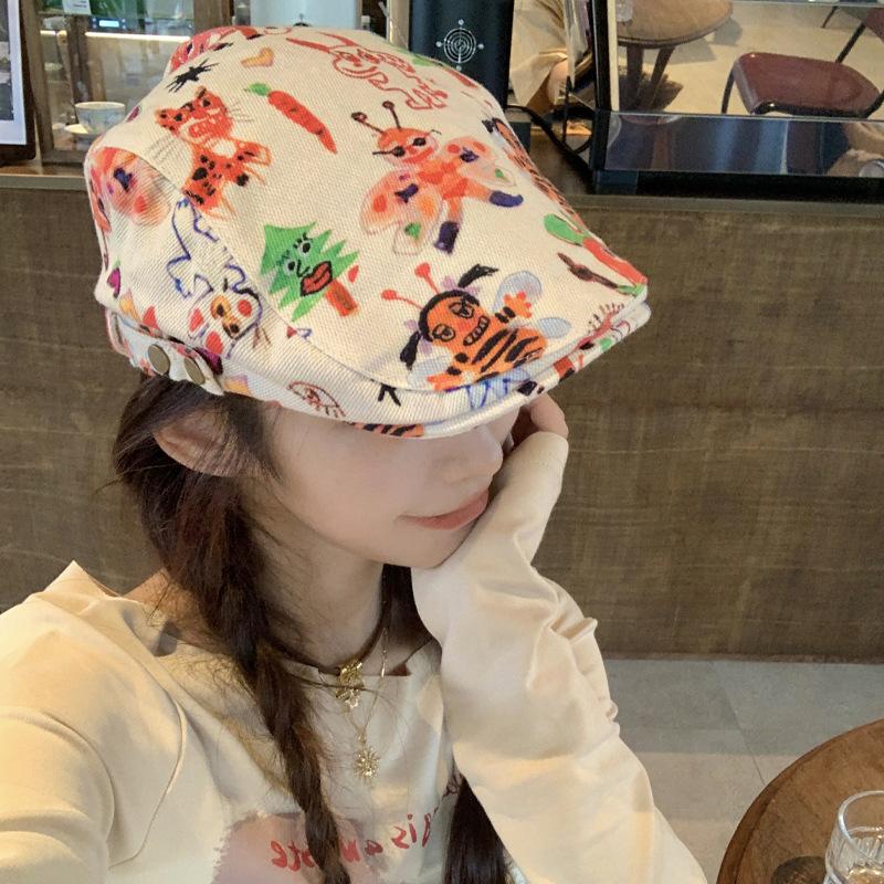 Cute graffiti forward hat female personality retro childlike funny short brim painter hat versatile beret