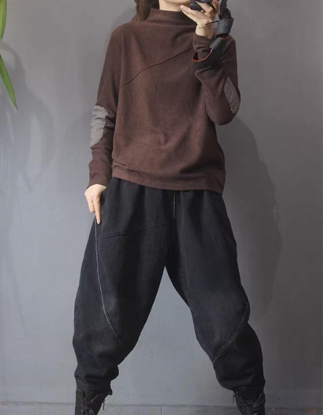 Women's Ethnic Patchwork Thermal Fleece Pullover - Mock Neck, Autumn/Winter, Loose Fit