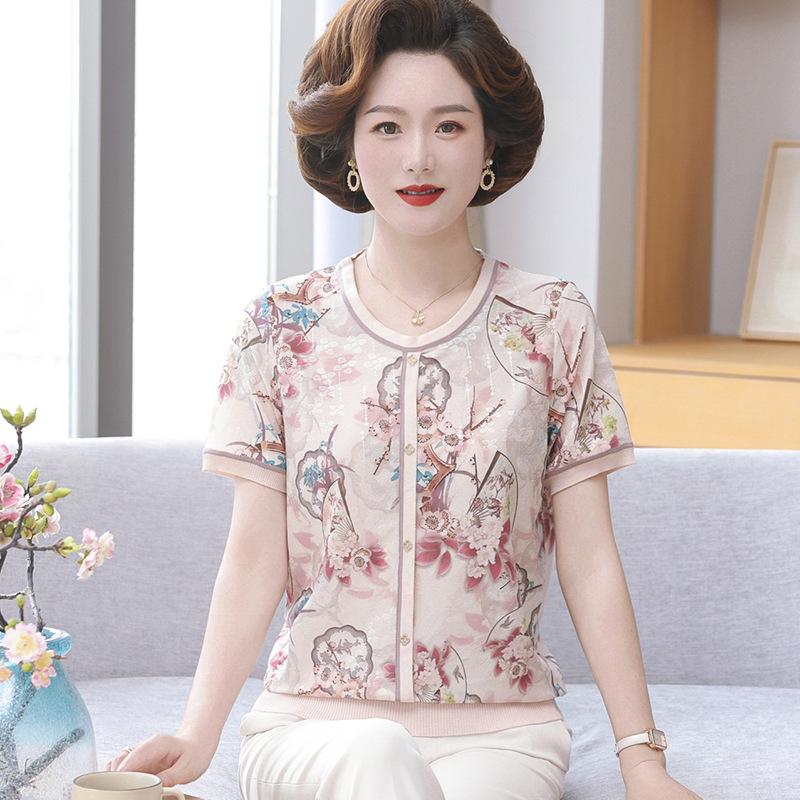 

Chinese Style High-End Ice Silk Summer T-shirt for Middle-Aged and Elderly Women, Short Sleeve, Stylish Thin Blouse for Moms 2XL (110-120 lbs recommended)