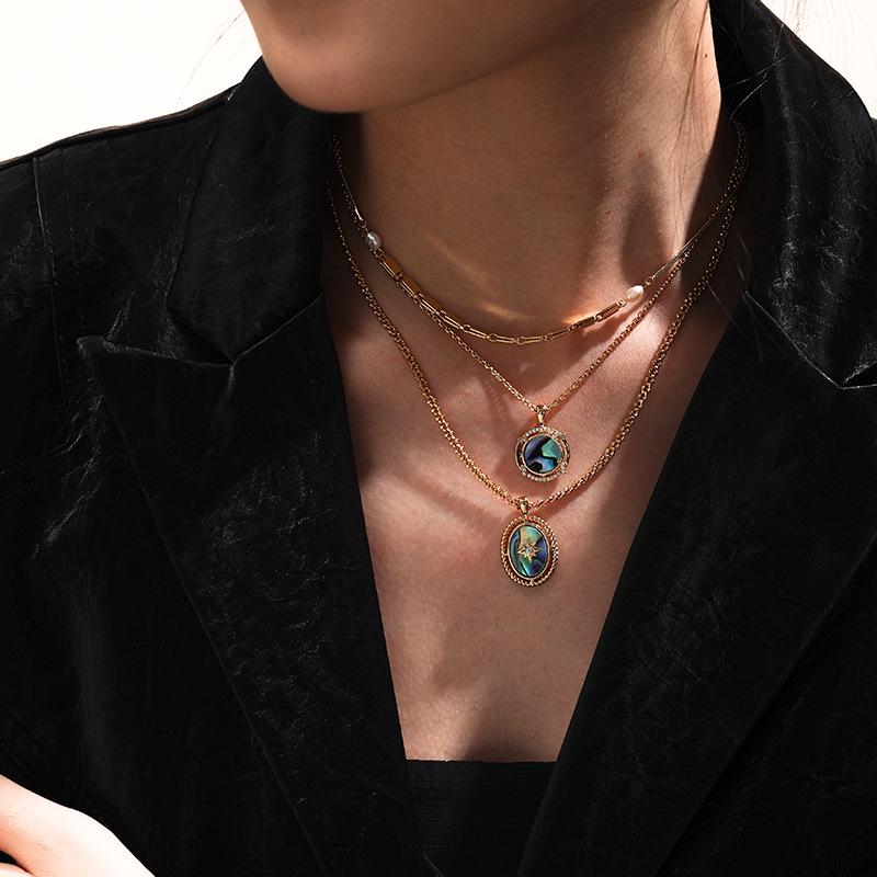 Elegant Abalone Shell Pendant Necklace with Gold-Plated Brass Eight-Pointed Star and Zircon on a Retro Simple Clavicle Chain for Women.