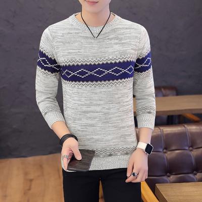Men Fall Winter Sweater Round Neck Long Sleeve Color Matching Geometric Print Knitted Elastic Pullover Thick Slim Fit Warm Ethnic Style Pullover