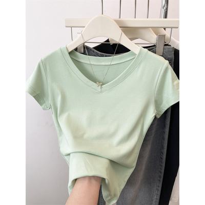 Special Physical Solid Color Shoulder Top V-neck T-shirt Women's Versatile High-waisted Short Spice Girl Pure Desire Simple Shirt