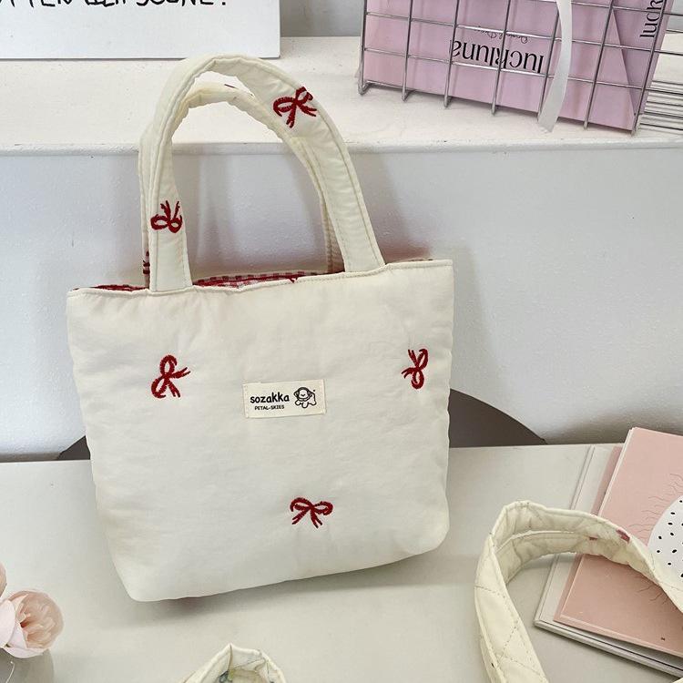 Korean Style Quilted Bow Embroidery Handheld Canvas Handbag for Women 2026 New