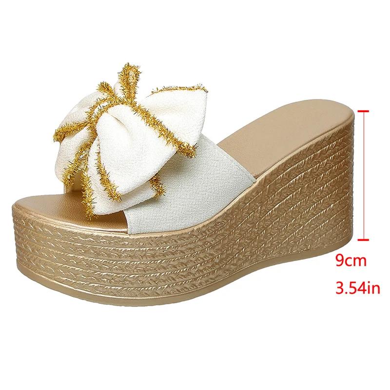Fashion Bowknot Decor Chunky Platform Slippers Woman Plus Size Fashion Wedge Heel Sandals for Women Summer Thick Bottom Beach Slippers